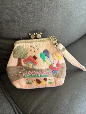 Pink Appliqué Wristlet Bag with Whimsical Scene